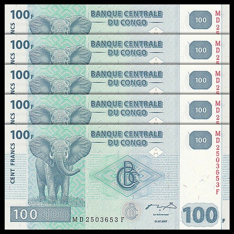 Lot 5 Pcs, Congo Democratic Republic 100 Francs, 2007-2013, P-98, Unc