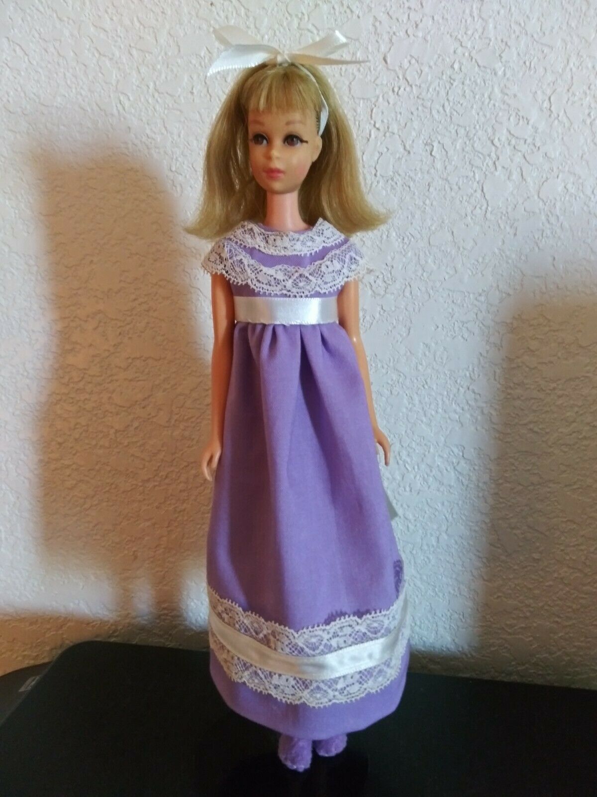 Barbie Vintage Francie Hand Made Purple Lace Gown Hair Bow Shoes New No Doll