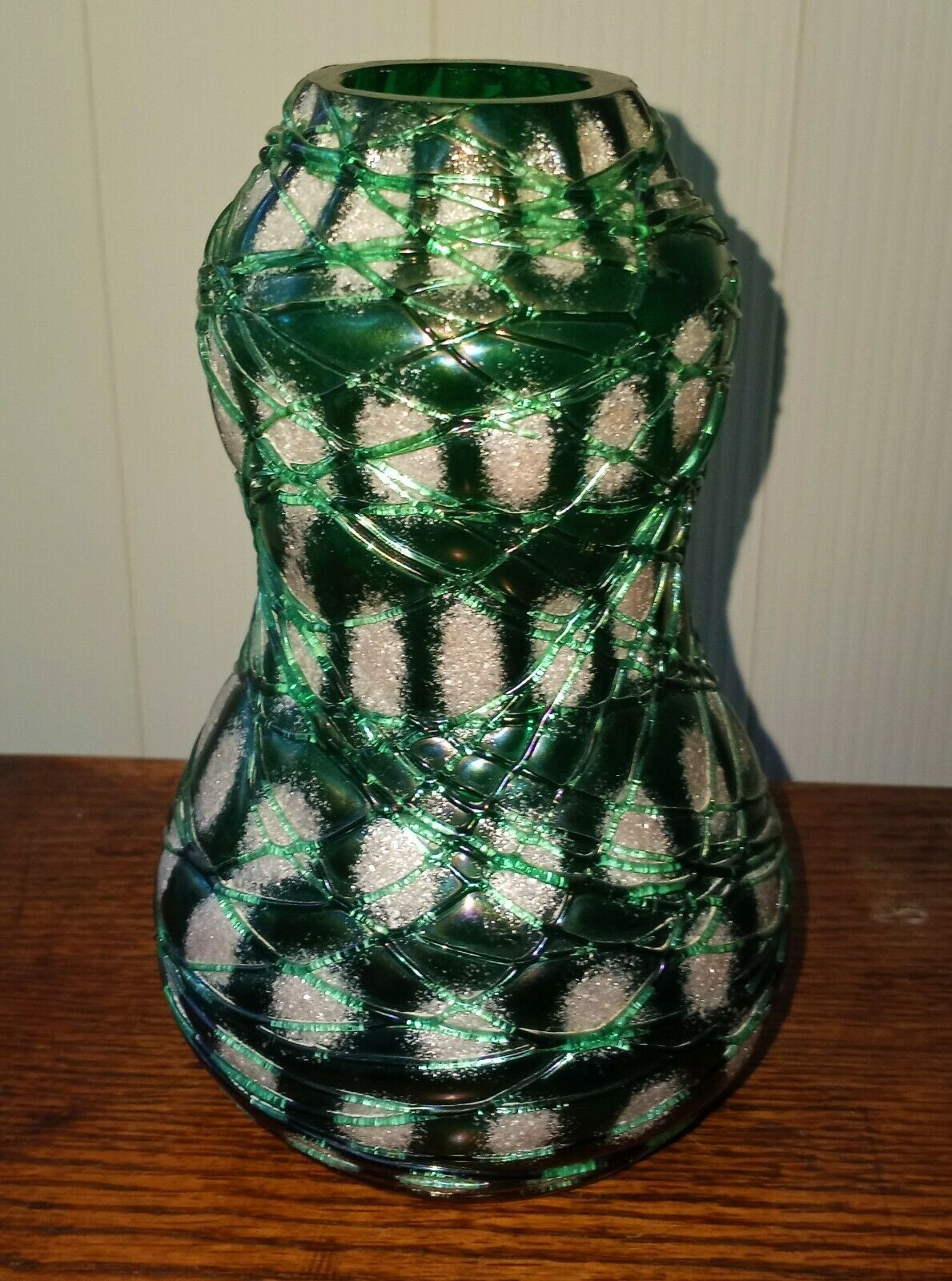 Kralik Snowflake Green Glass Threaded White Frit Vase Czech Bohemian
