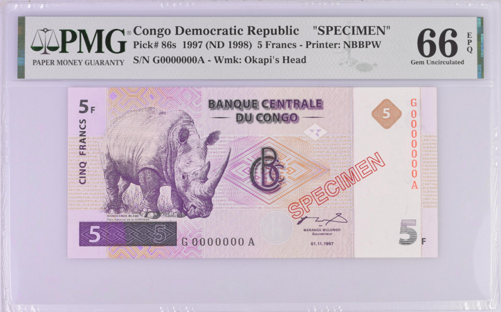 Congo 5 Francs 1997/1998 P 86 S Specimen Gem Unc Pmg 66 Epq
