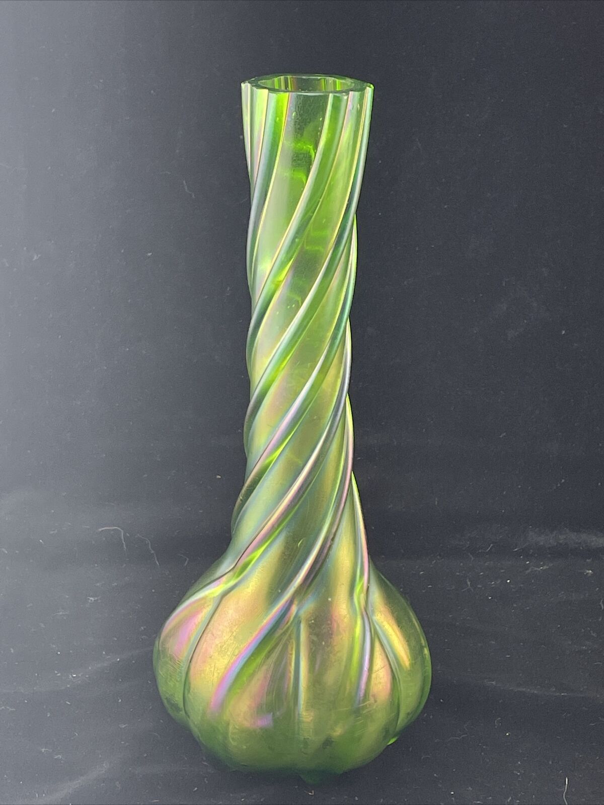 Antique Kralik Art Glass Twist Buttress 10" Vase Iridescent Green