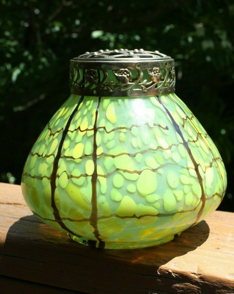 C 1920 Czech Art Glass Kralik Iridescent Spatter & Threaded Potpourri Vase