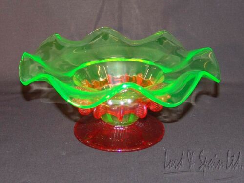 Vintage Czech Art Glass Vaseline & Ruby Footed Bowl-1930's